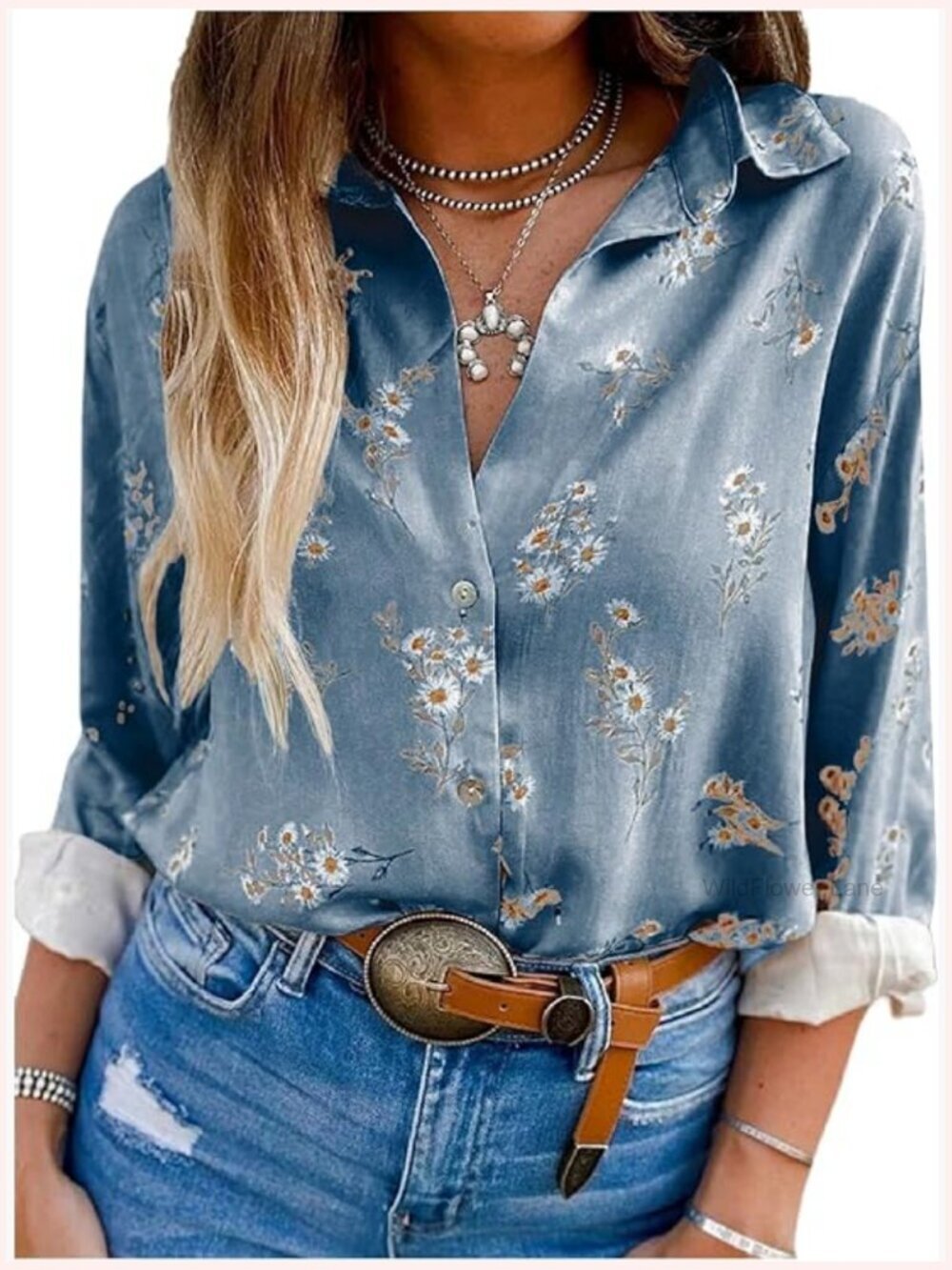 Button Down Floral Blouse Long Sleeve Dressy Work Shirt
